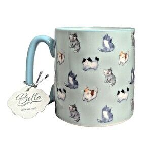 10 Strawberry Street Bella Catface Blue Coffee Mug Cat Print 16-oz Gift Tag NEW